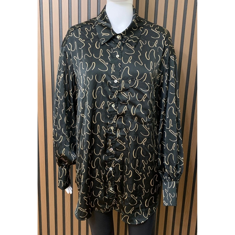 Entro Women's Black Tan Abstract Print Button Down Shirt Long Sleeve L
